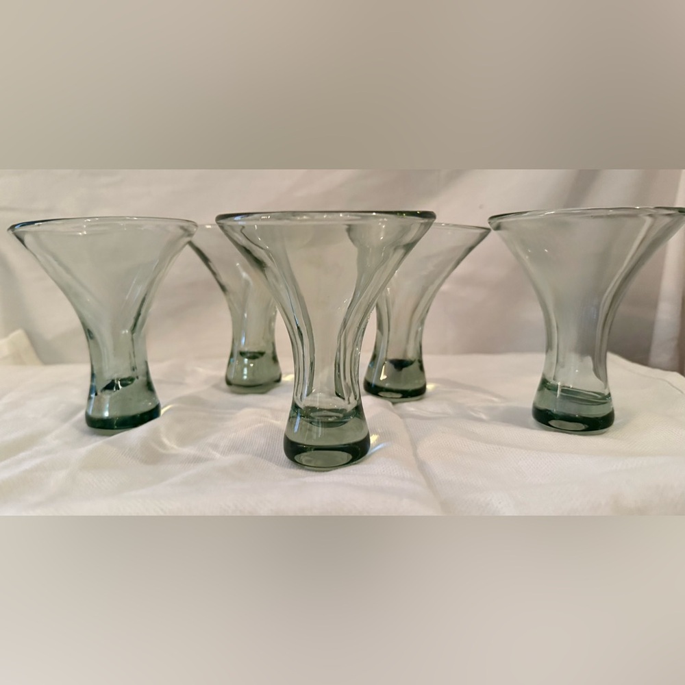 5 green hand blown 4oz shot glasses. Flare top. 4”H